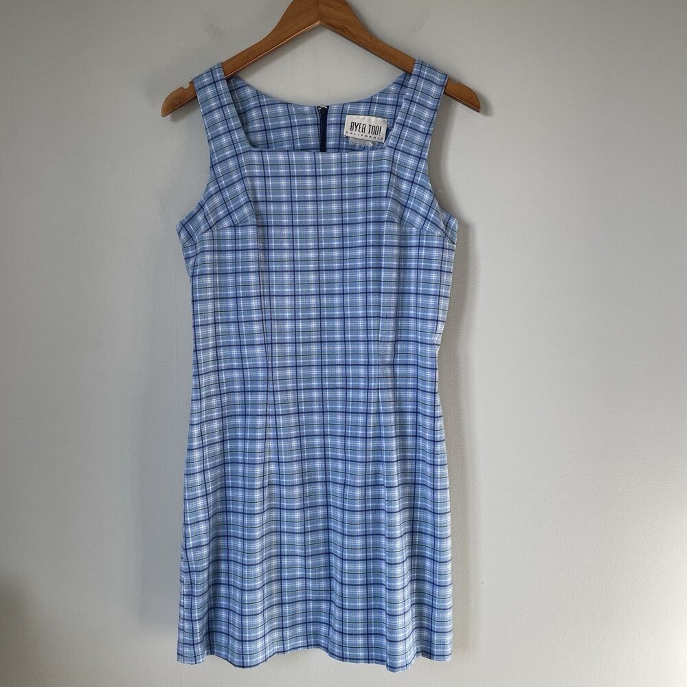 Byer Too! Vintage Cottagecore Mini Dress Sleeveless Plaid Blue Fitted Juniors 11